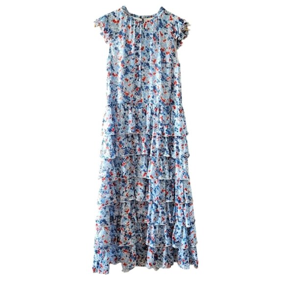 Aritzia Little Moon Rarity Blue Floral Feminine Ruffle Midi Dress Size XS. - Picture 2 of 16